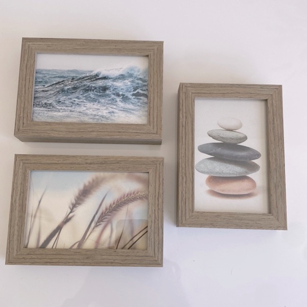 Set of three Wooden freestanding frames with card stock images